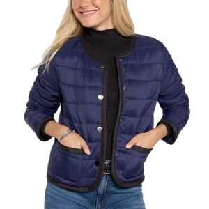 Evereve Elle Puffer Jacket Navy Quilted Collarless Black Trim Size Medium